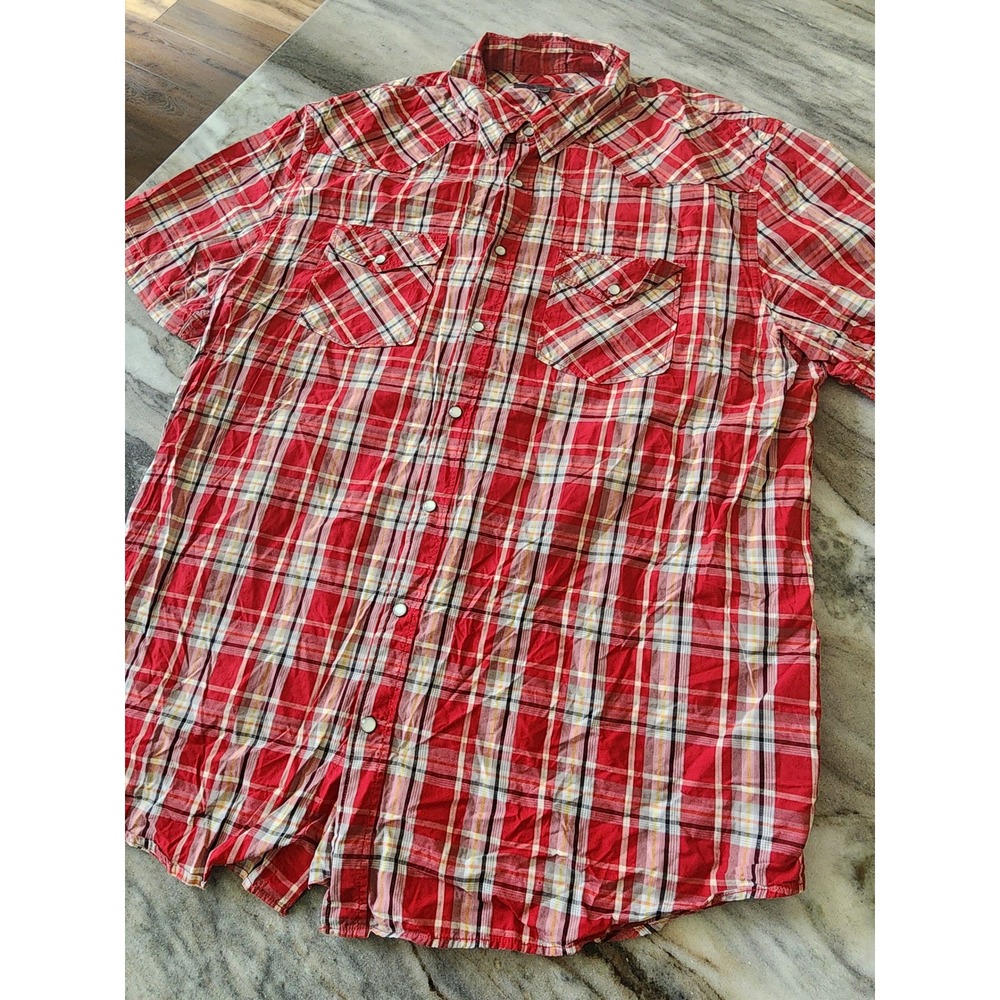 Old Navy Mens XXL Red Plaid Western Pearl Snap Short Sleeve Cotton Shirt